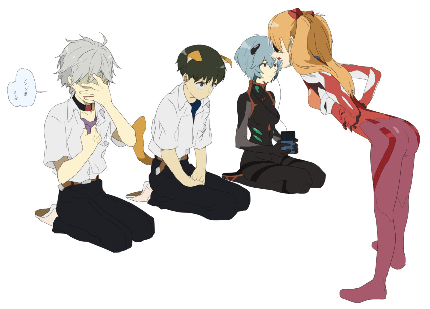 2boys, 2girls, animal_ears, ayanami_rei, blue_eyes, blue_hair, brown_hair, cassette_player