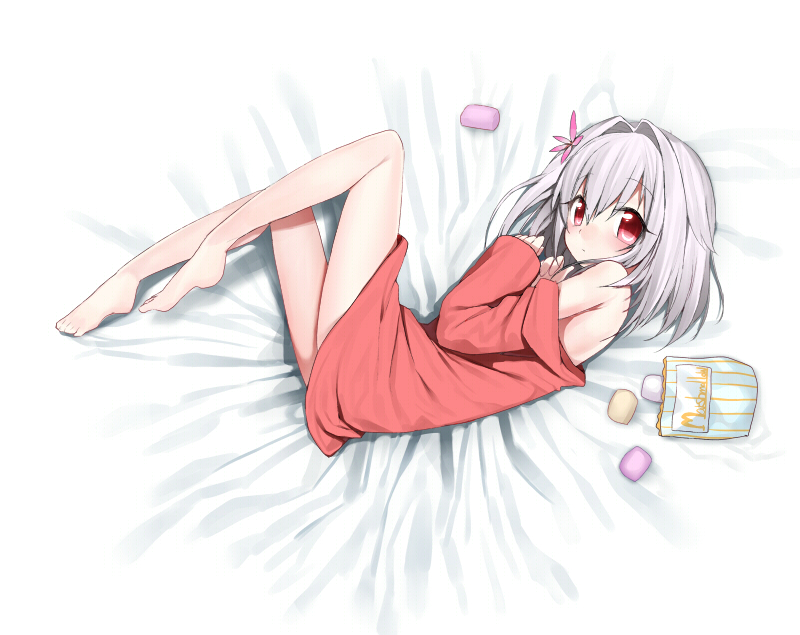 1boy, barefoot, bed, blush, bottomless, curled_up, erubo, from_above