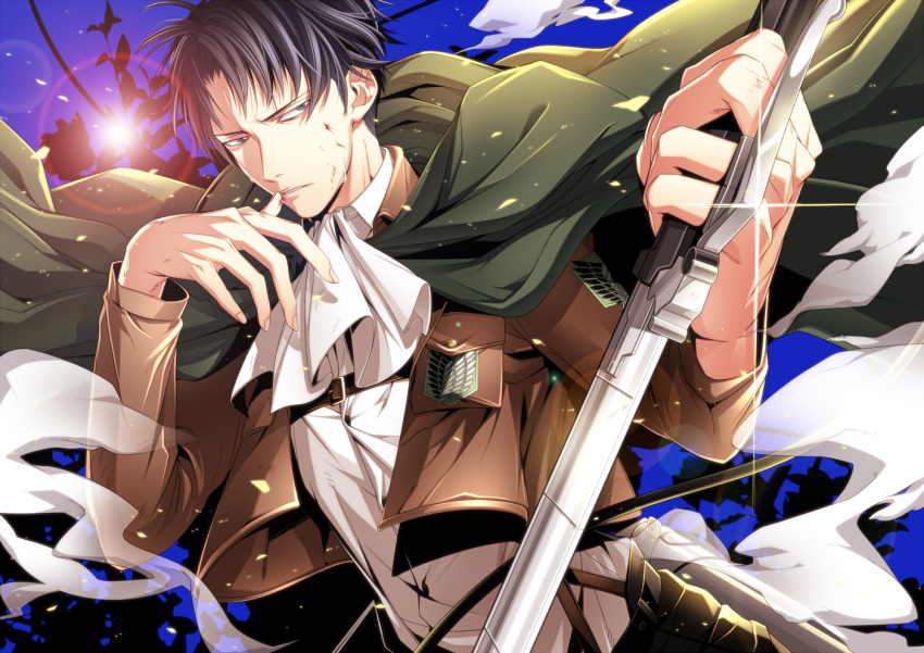 1boy, ascot, black_eyes, black_hair, blue_background, cable, cape, jacket