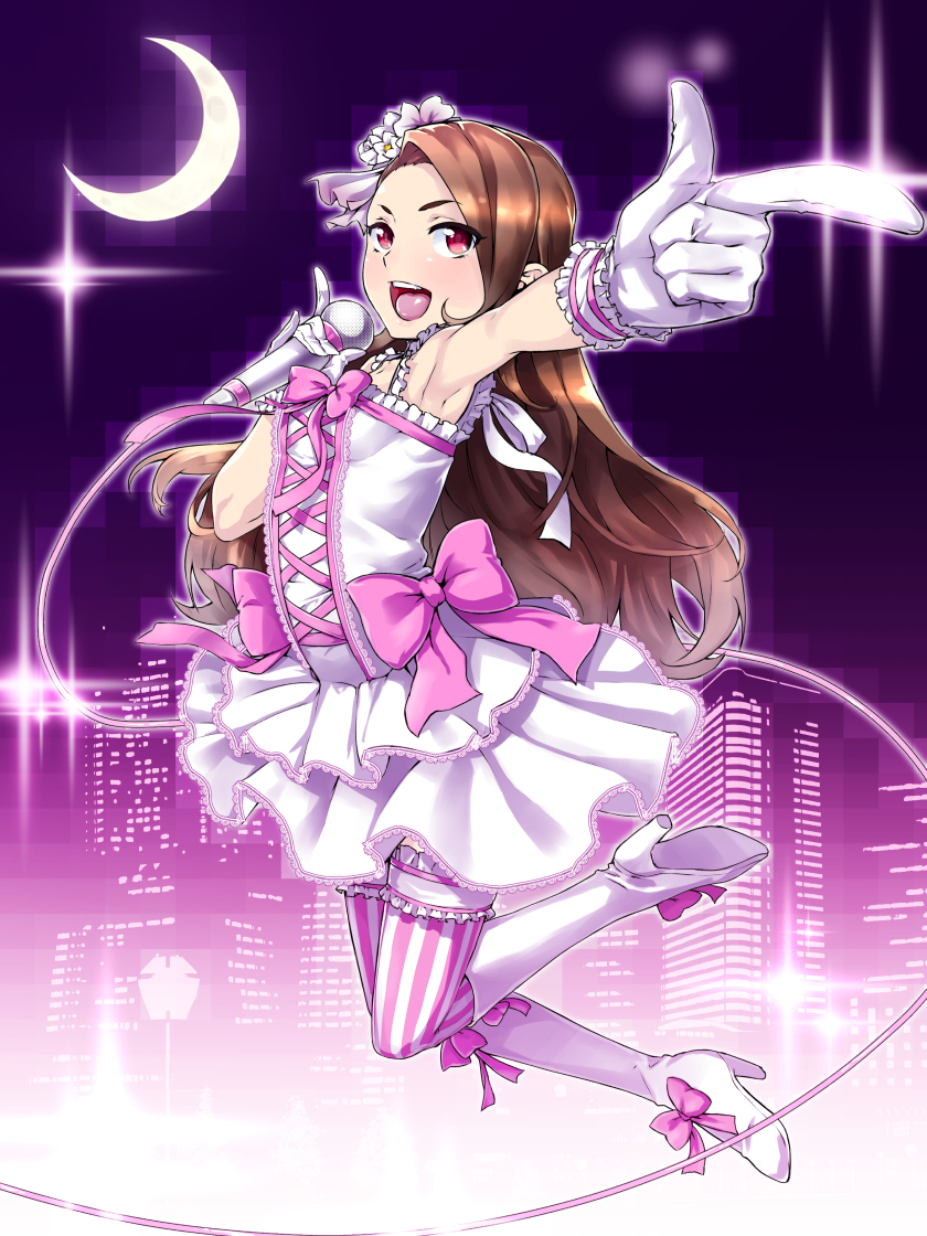 1girl, :d, armpits, bare_shoulders, boots, bow, brown_hair, city