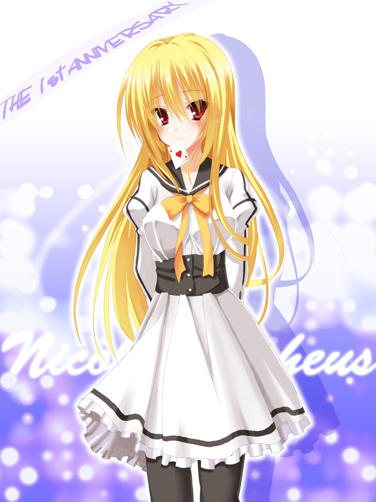 1girl, blonde_hair, card, chaamii, dracu-riot!, long_hair, mouth_hold, nicola_cepheus