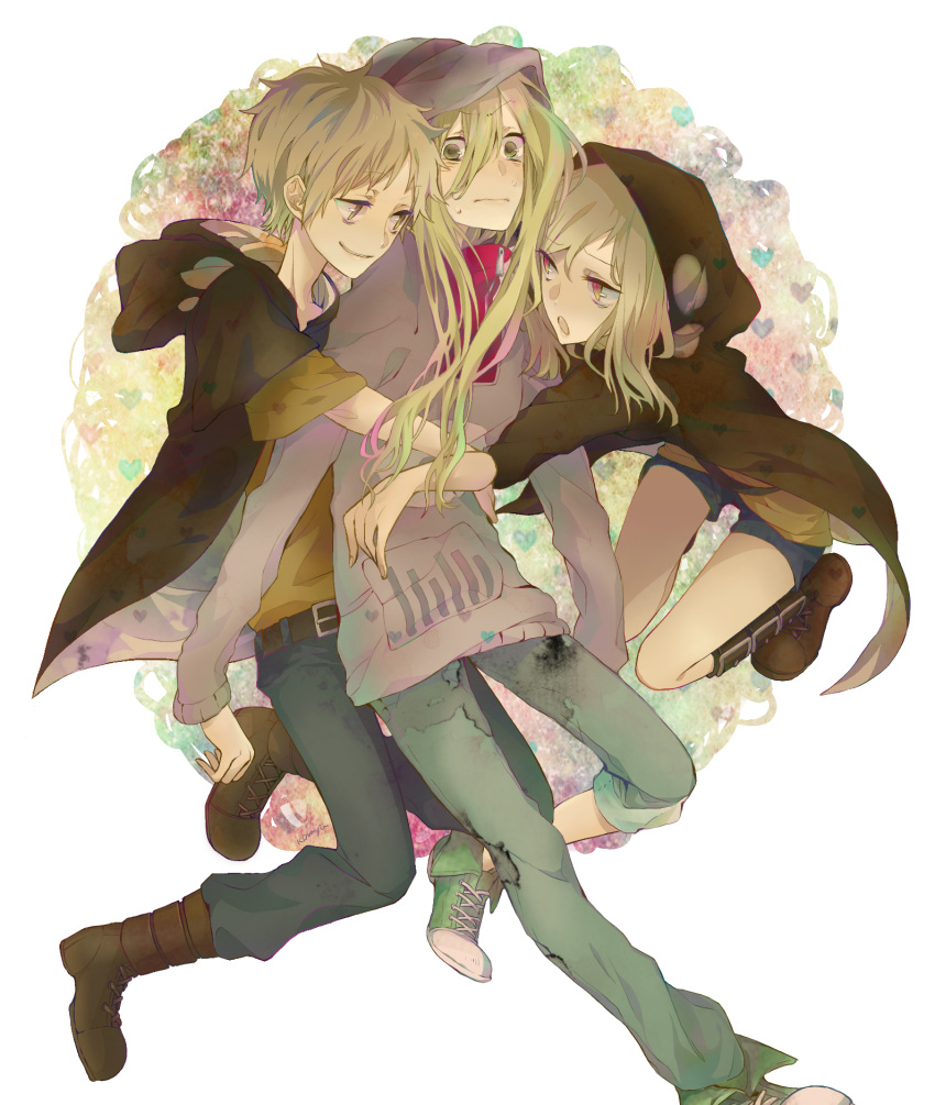 1boy, 2girls, brown_hair, dual_persona, green_eyes, green_hair, group_hug, highres, hoodie, hug, kagerou_project, kano_(kagerou_project), kido_(kagerou_project), komyu, long_hair, multiple_girls, short_hair, yellow_eyes