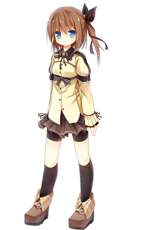1girl, blue_eyes, brown_hair, lucena_winter, original, short_hair, shorts_under_skirt, side_ponytail, skirt, sleeves_past_wrists, smile, solo, yuuhagi_(amaretto-no-natsu)