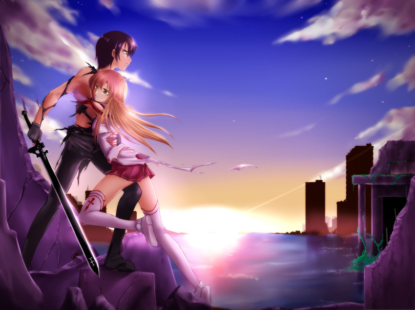 1boy, 1girl, asuna_(sao), couple, destruction, kirito, landscape, sunrise, sword, sword_art_online, takahashi_takeshi, torn_clothes, weapon, yuuki_asuna
