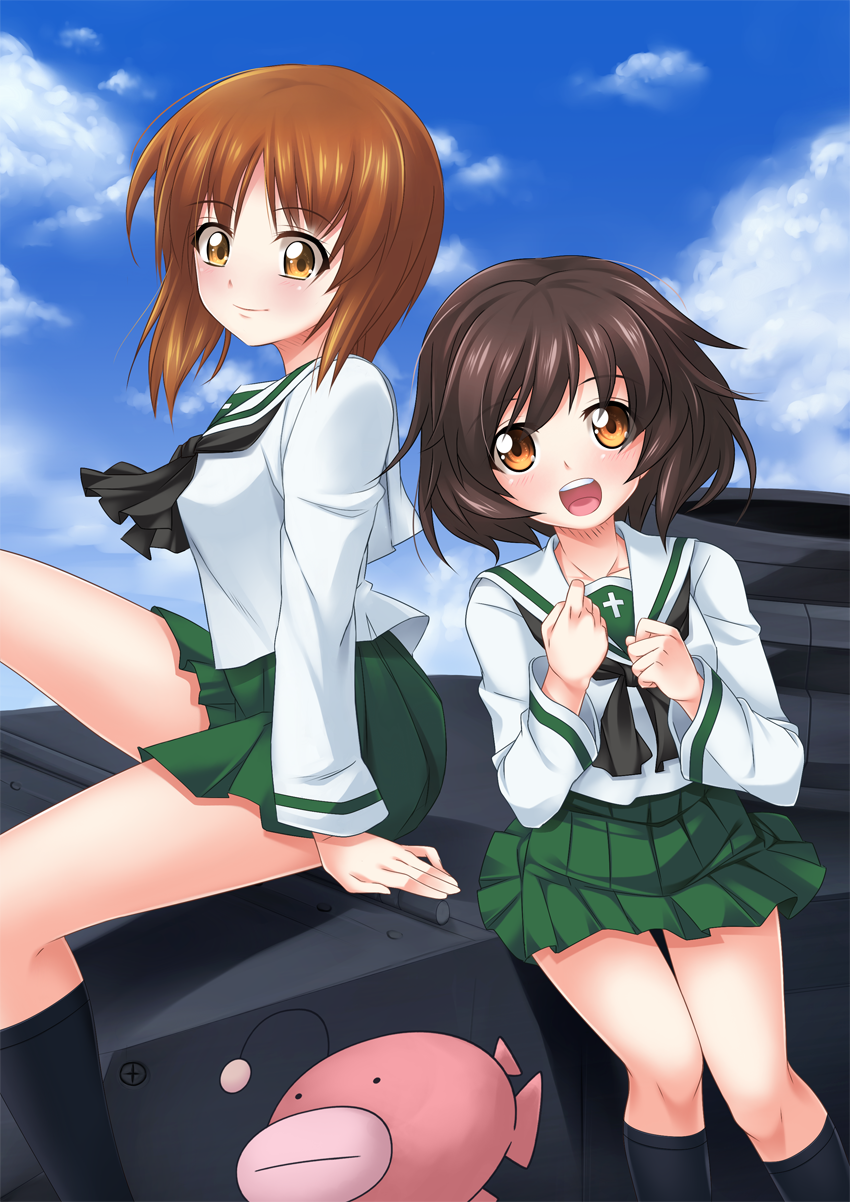 2girls, akiyama_yukari, brown_eyes, brown_hair, clouds, girls_und_panzer, highres, military, military_vehicle, multiple_girls, nishizumi_miho, rozario00, school_uniform, serafuku, short_hair, uniform, vehicle