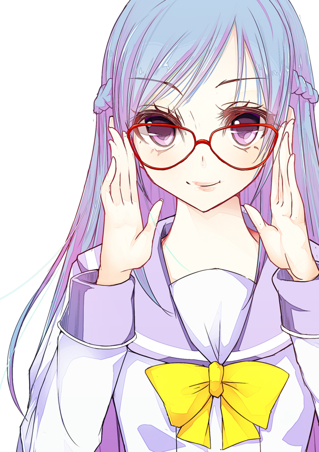 1girl, adjusting_glasses, blue_hair, braid, bun_(hiyokomame), bust, dokidoki!_precure, glasses, hishikawa_rikka, light_smile, lips, long_hair, precure, school_uniform, simple_background, solo, violet_eyes, white_background