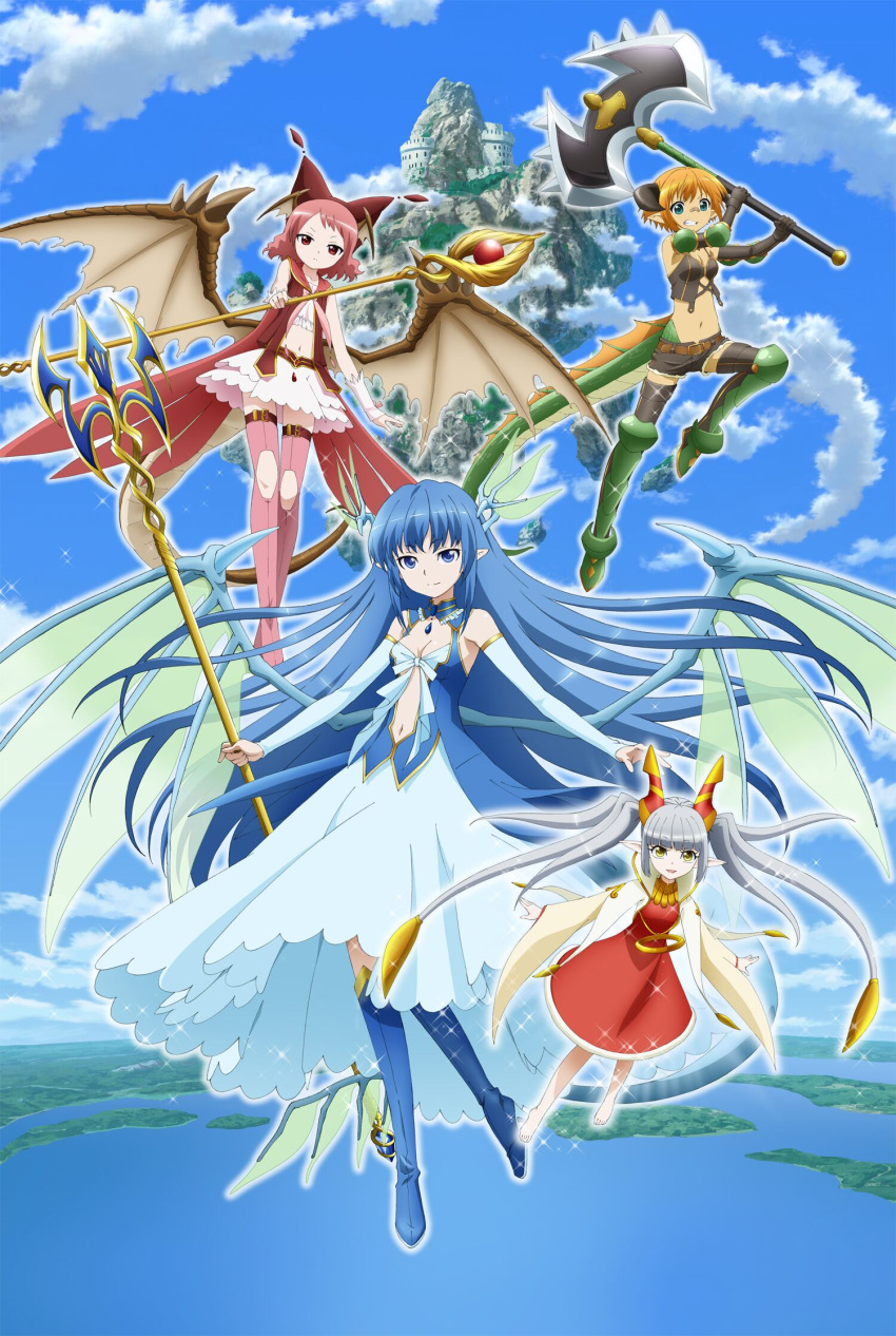 4girls, axe, bahamut_(zettai_bouei_leviathan), blue_eyes, blue_hair, boots, dragon_girl, fairy