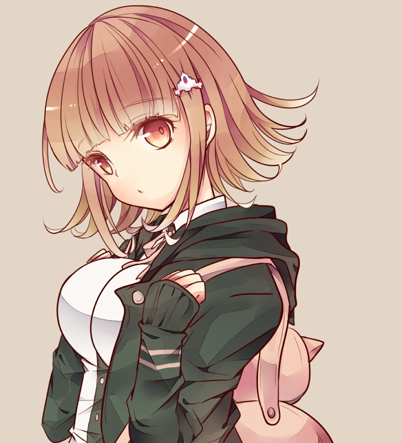 1girl, backpack, bag, breasts, dangan_ronpa, hair_ornament, hairclip, hoodie, large_breasts, nanami_chiaki, pink_eyes, pink_hair, solo, sonoruru3131, super_dangan_ronpa_2