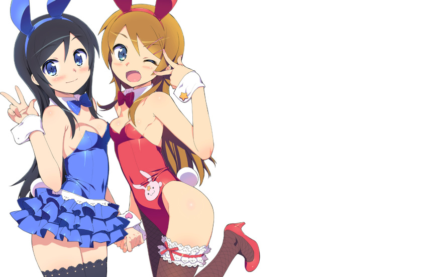 2girls, animal_ears, aragaki_ayase, bare_shoulders, black_hair, black_legwear, blue_eyes, blush