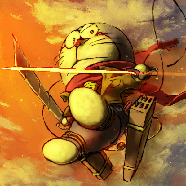 3dmg, bell, cable, clouds, cosplay, doraemon, doraemon_(character), dual_wielding