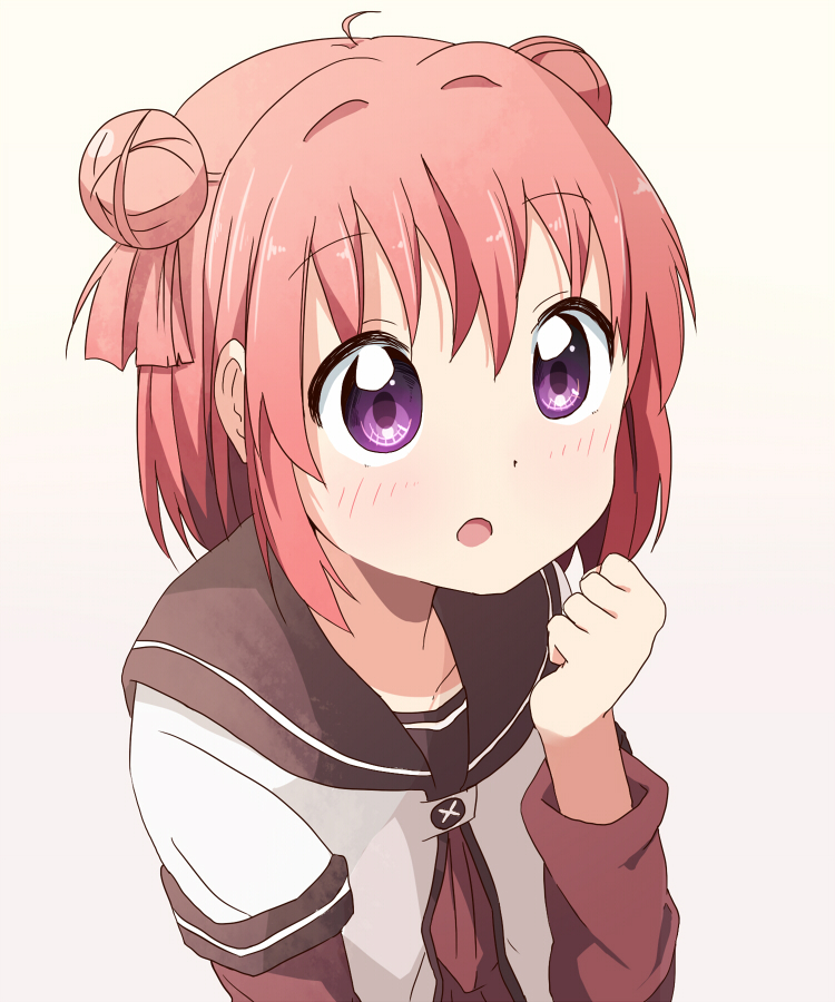 1girl, :o, ahoge, akaza_akari, double_bun, redhead, school_uniform, serafuku