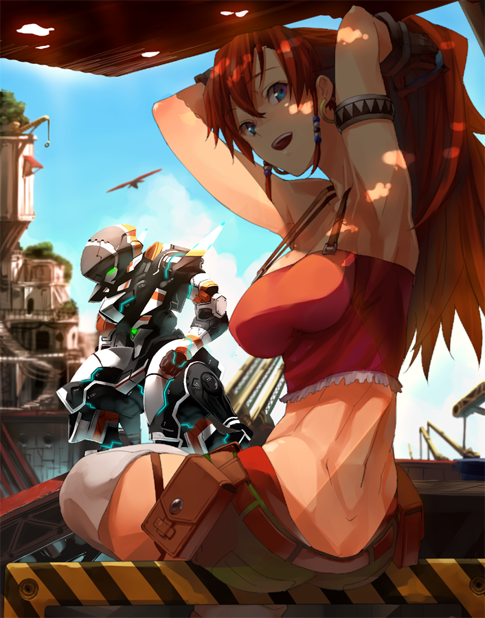 1girl, arm_strap, arms_up, bellows_(suisei_no_gargantia), belt, bird, blue_eyes, breasts