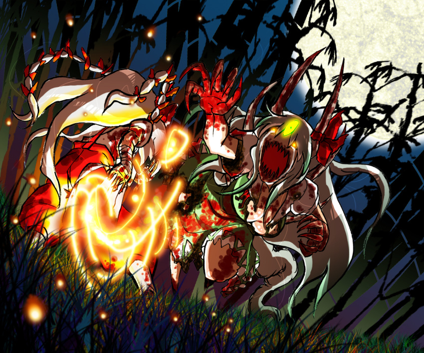 battle, blood, bow, ex-keine, fire, fujiwara_no_mokou, green_hair, hair_bow