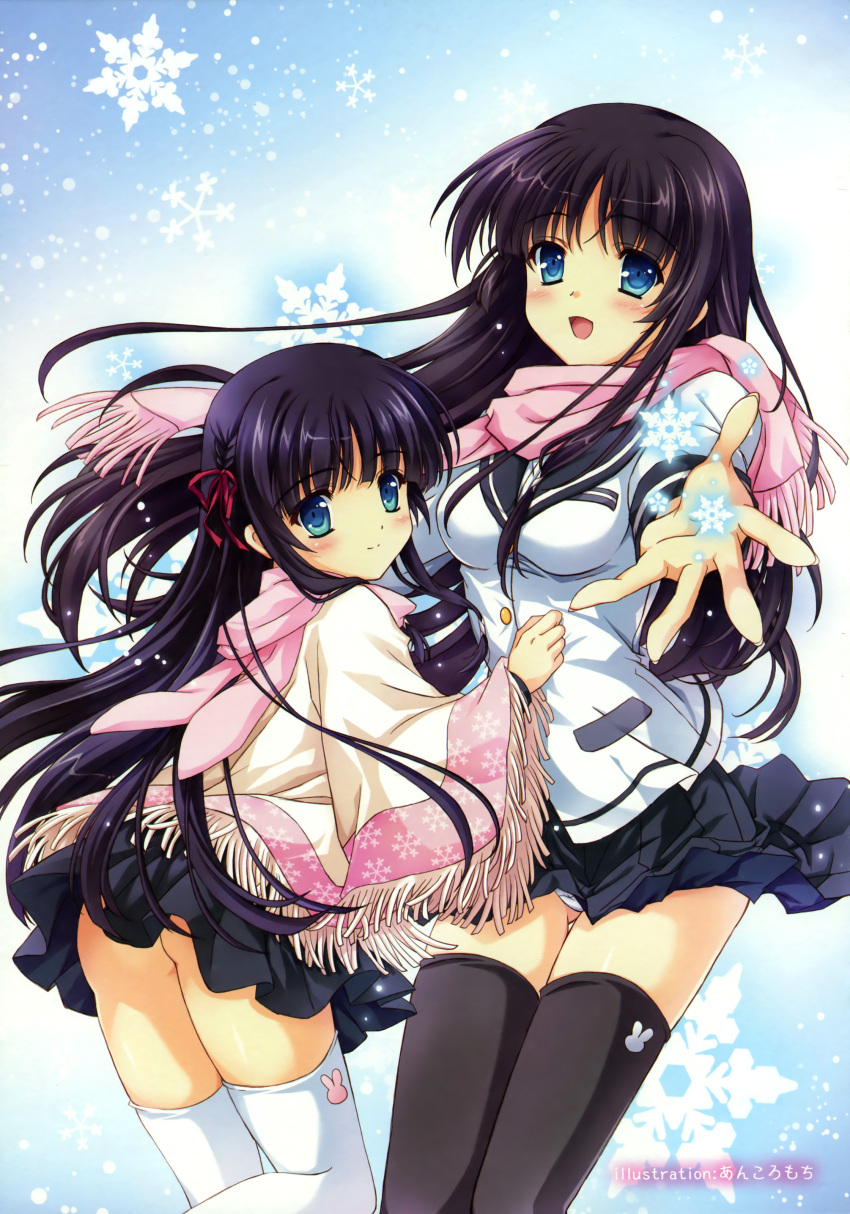 2girls, absurdres, ankoromochi, ass, black_hair, black_legwear, blue_eyes, breasts
