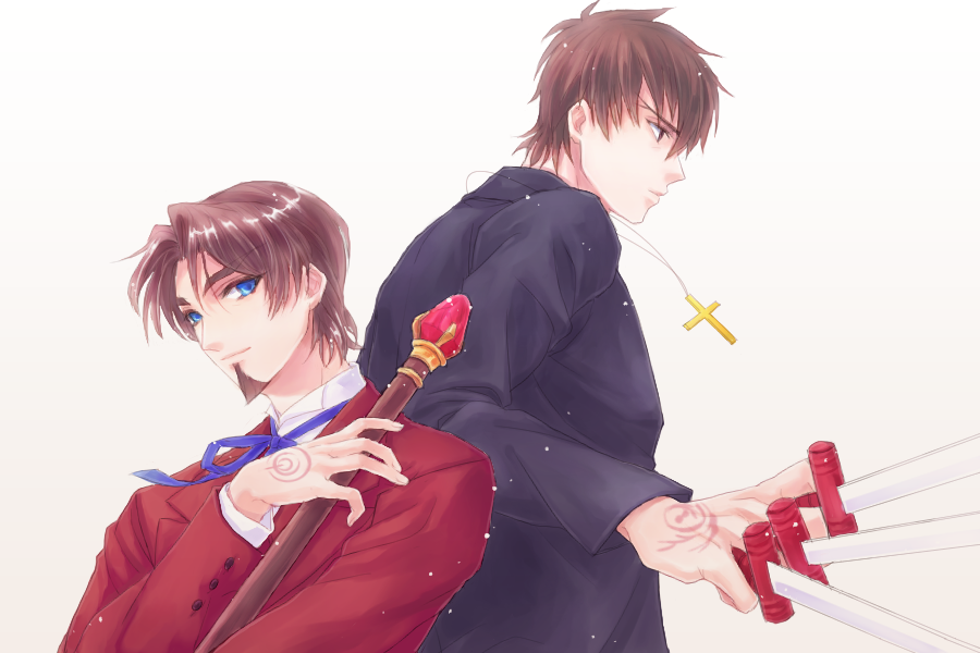 2boys, @co, black_keys, blue_eyes, brown_eyes, brown_hair, command_spell, cross