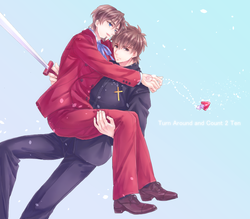 2boys, @co, black_keys, blue_eyes, brown_eyes, brown_hair, carrying, cross