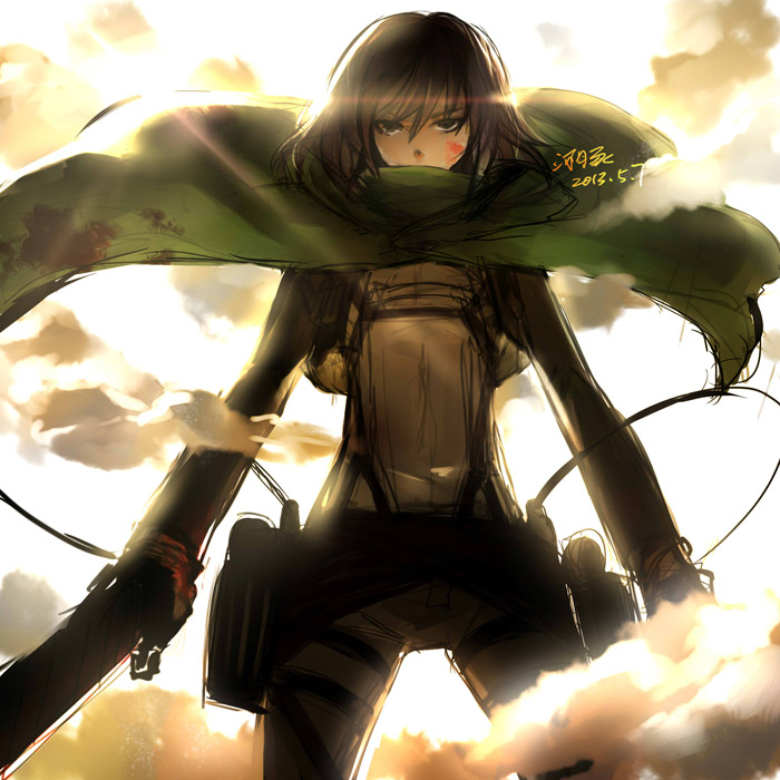 belt, black_eyes, black_hair, cape, jacket, linghetuen, mikasa_ackerman, shingeki_no_kyojin