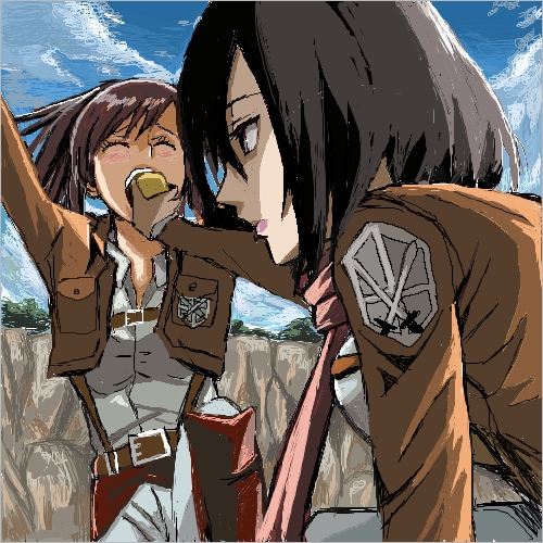 belt, black_eyes, black_hair, blush, boots, brown_hair, feeding, jacket, lowres, mikasa_ackerman, potato, sasha_browse, shingeki_no_kyojin, silk0423