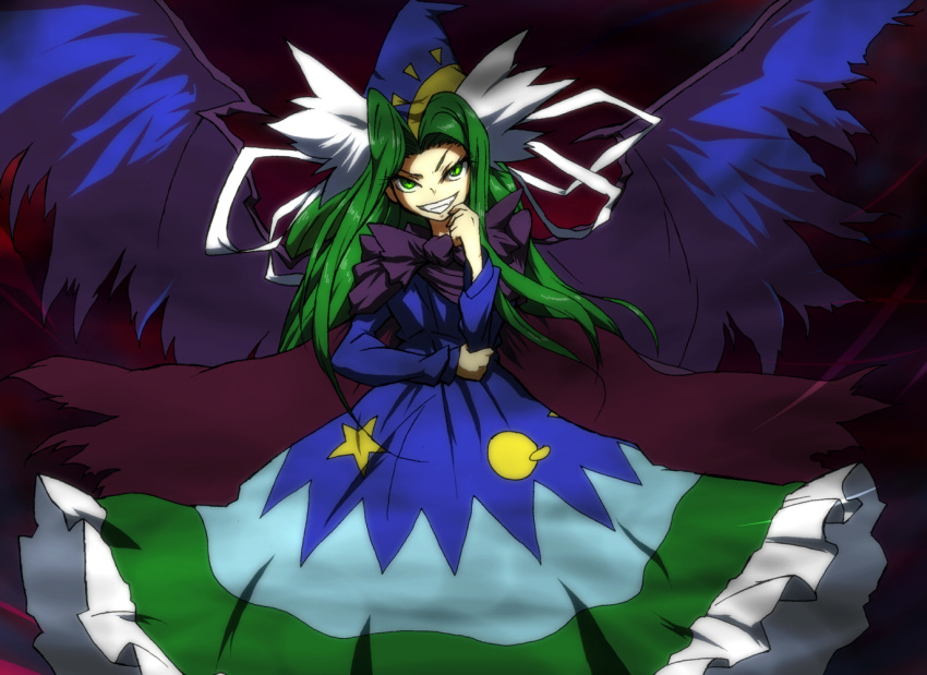 1girl, cape, dress, fangs, green_eyes, green_hair, grin, hat