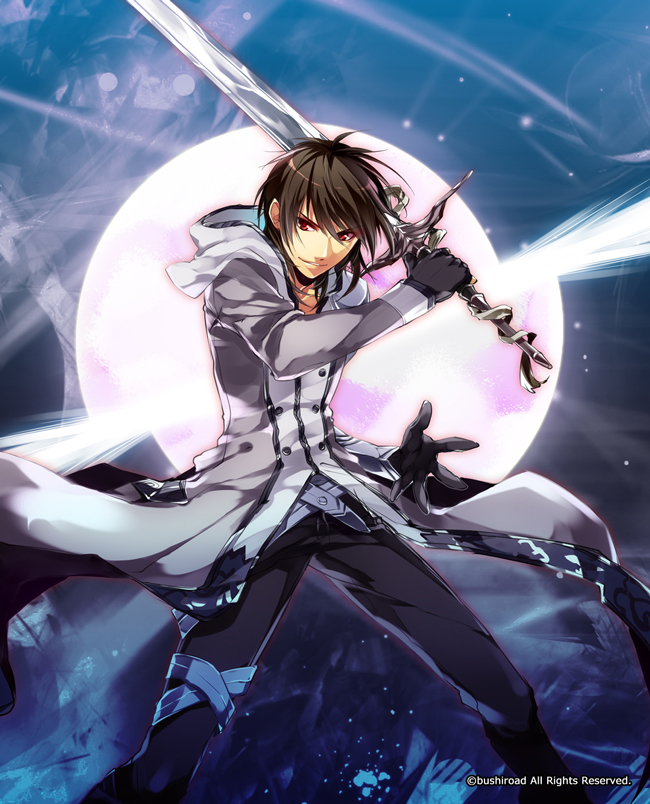 1boy, atelier_(series), atelier_meruru, blue_background, brown_hair, gloves, grin, jacket, male, pants, red_eyes, smile, solo, sterkenburg_cranach, sword, weapon, yomo_(ym)
