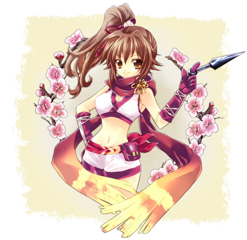 1girl, brown_eyes, brown_hair, cherry_blossoms, high_ponytail, highres, kunai, kunoichi_(sengoku_musou)