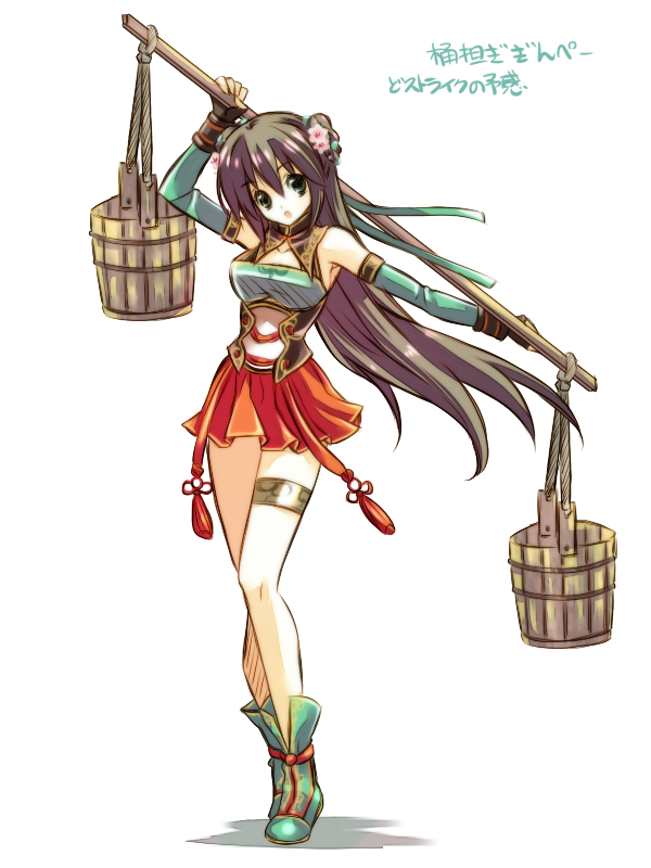 1girl, bare_legs, brown_hair, bucket, detached_sleeves, flower, guan_yinping, hair_flower