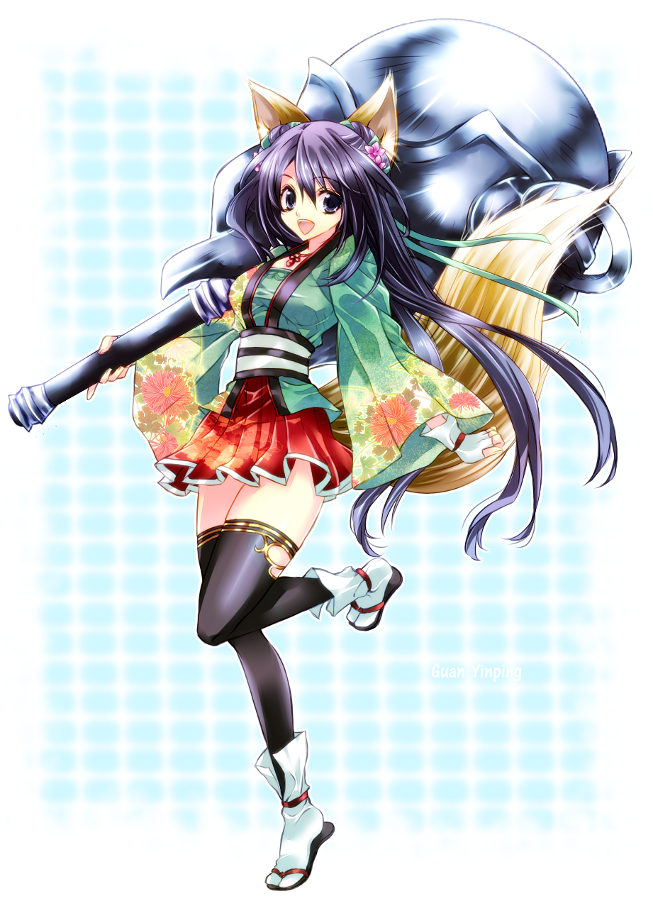 1girl, :d, animal_ears, blue_hair, fingerless_gloves, fox_ears, fox_tail, gloves