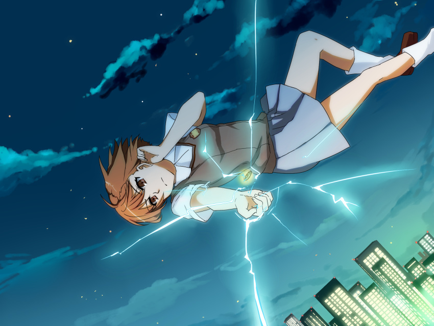 1girl, biribiri, brown_eyes, brown_hair, granatum, highres, misaka_mikoto, school_uniform