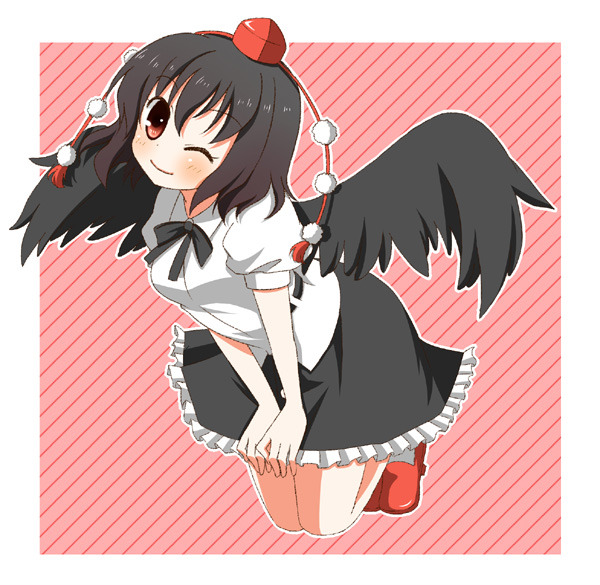 black_hair, hat, kneeling, red_eyes, shameimaru_aya, skirt, solo, suta102