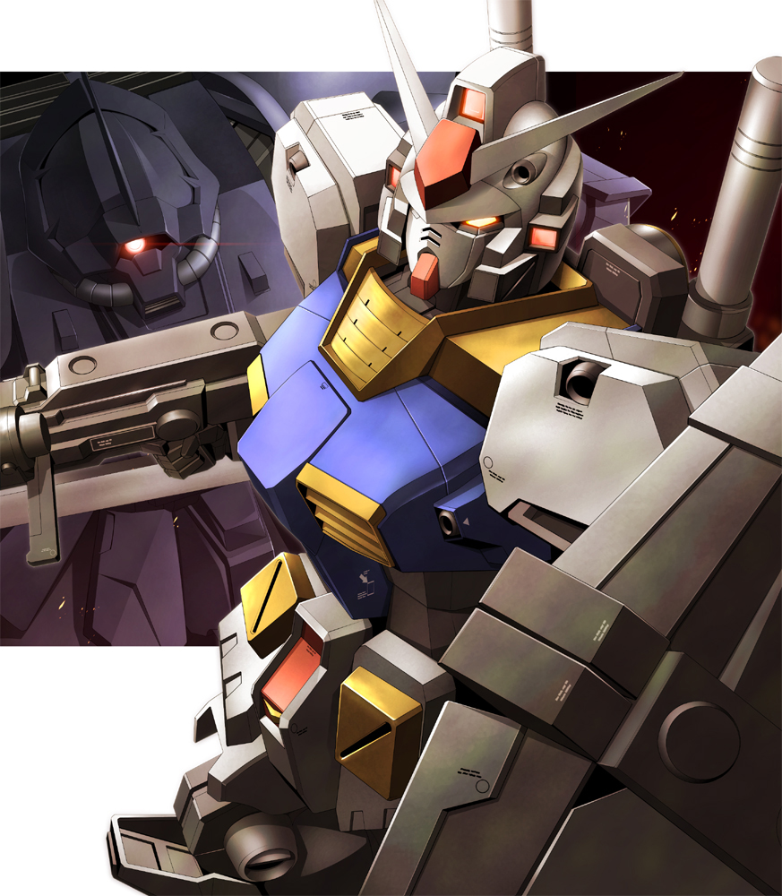 efreet_nacht, embers, glowing, glowing_eyes, gun, gundam, gundam_battlefield_record_uc_0081, mecha