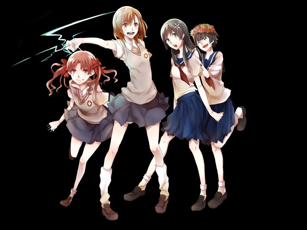 4girls, black_hair, brown_eyes, brown_hair, electricity, flower, green_eyes, hair_flower, hair_ornament, head_wreath, long_hair, misaka_mikoto, multiple_girls, saten_ruiko, school_uniform, shirai_kuroko, short_hair, sweater_vest, to_aru_kagaku_no_railgun, to_aru_majutsu_no_index, uiharu_kazari, vasimoneta