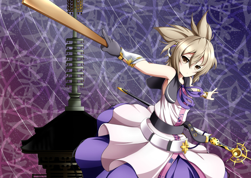 1girl, :o, belt, bracelet, east_asian_architecture, gradient, gradient_background, headphones, jewelry, light_brown_eyes, light_brown_hair, light_trail, looking_at_viewer, okapia, outstretched_arms, ribbon, ritual_baton, sheath, sheathed, short_hair, skirt, sleeveless, sleeveless_shirt, solo, spread_arms, sword, touhou, toyosatomimi_no_miko, vambraces, weapon