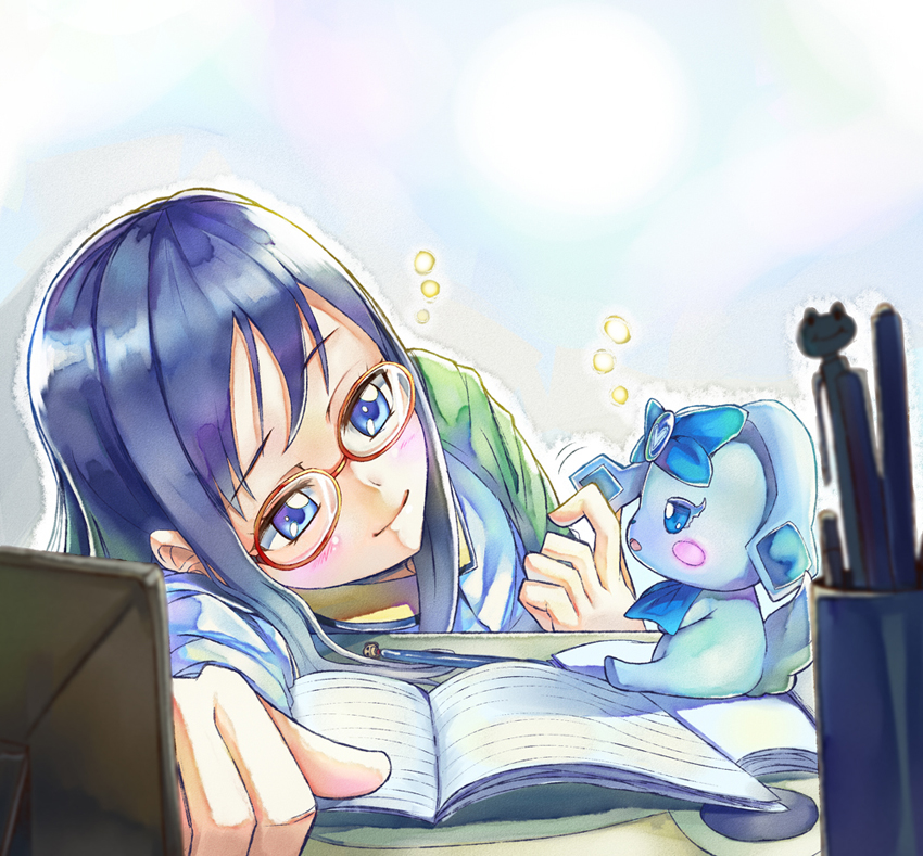 1girl, blue_eyes, blue_hair, desk, dokidoki!_precure, foreshortening, glasses, hishikawa_rikka