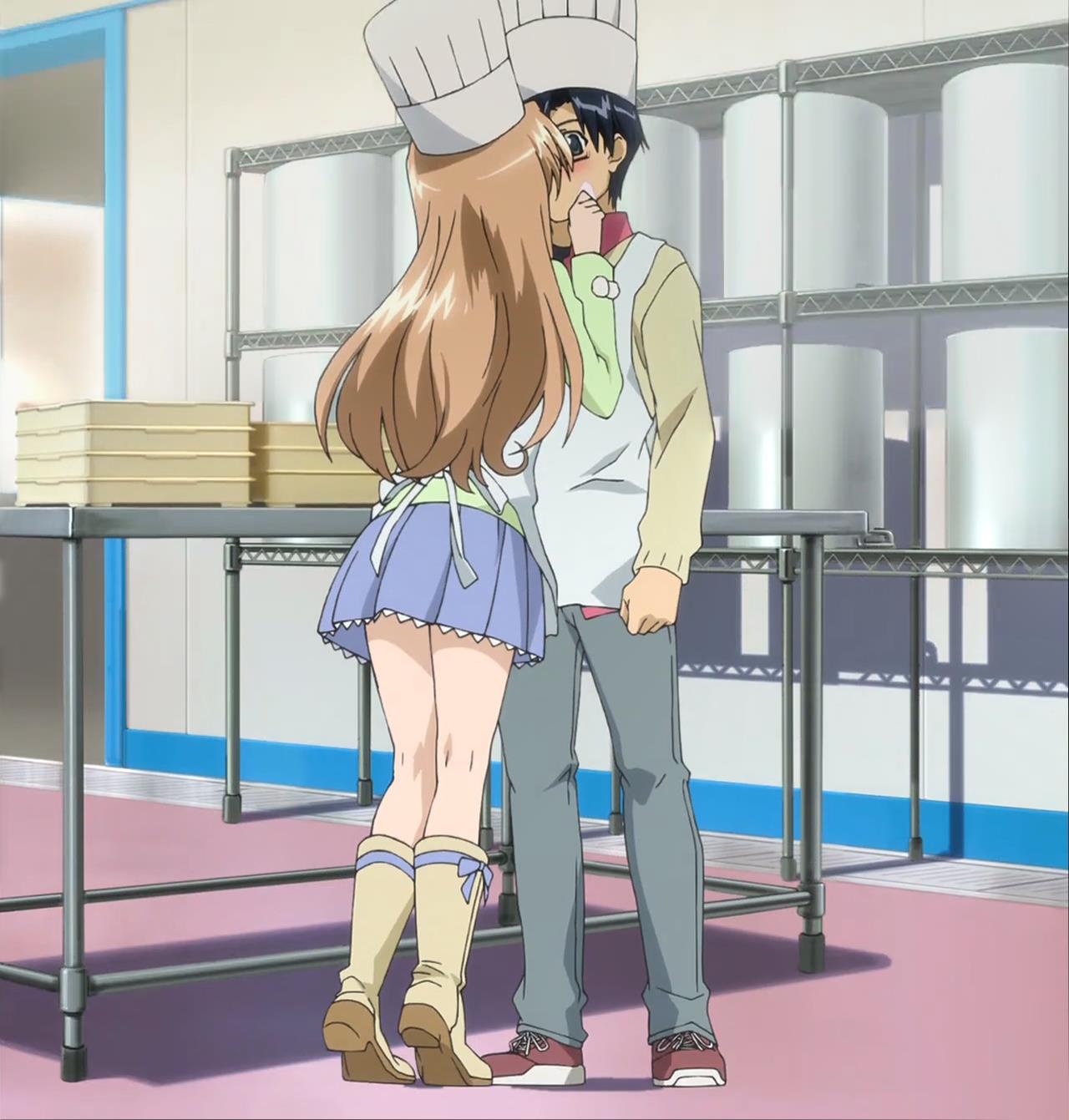 1boy, 1girl, aprons, ayase_yuuto, blue_hair, boots, brown_hair, chefs_hat