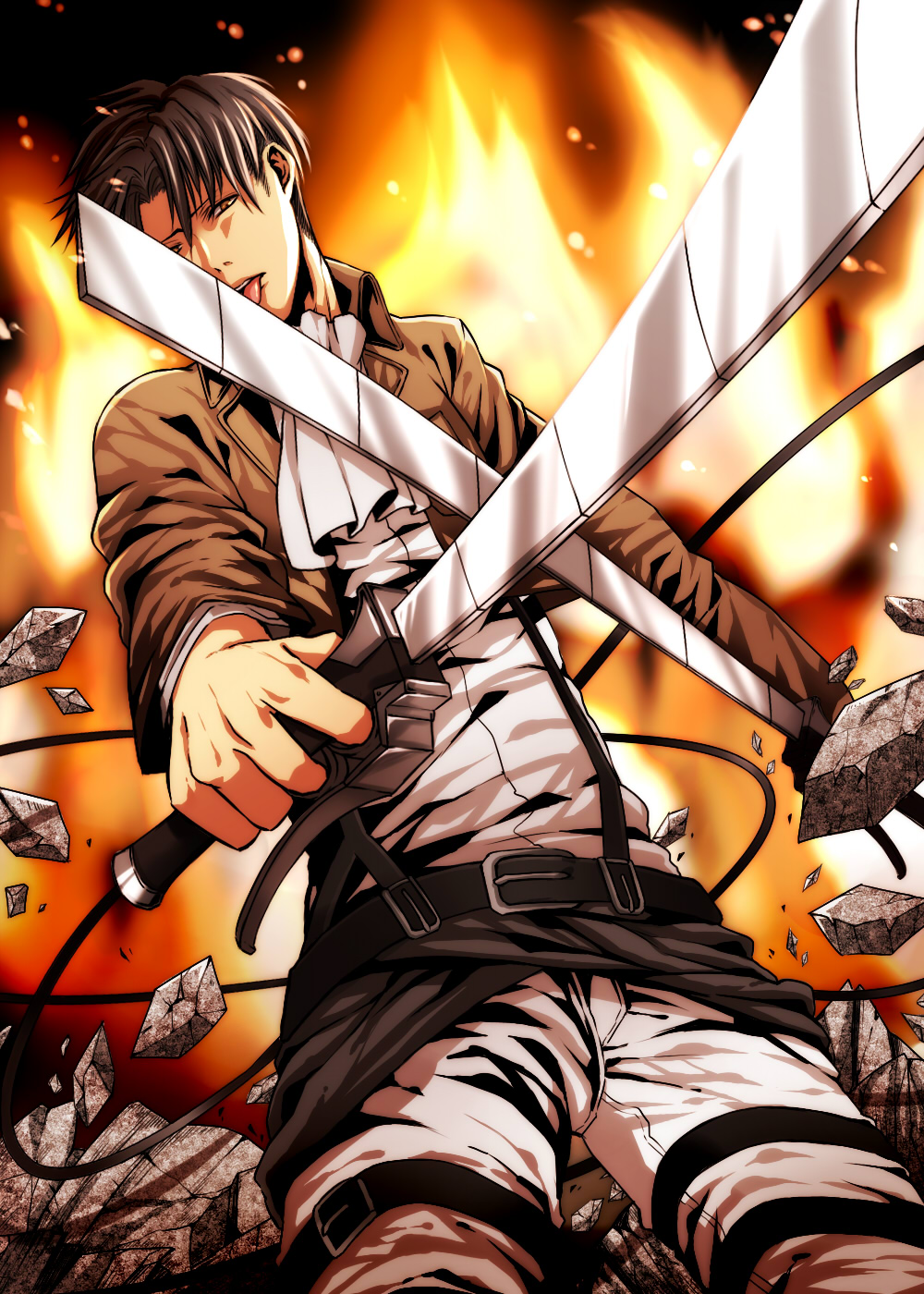 1boy, ascot, belt, black_hair, fire, highres, jacket, licking_weapon