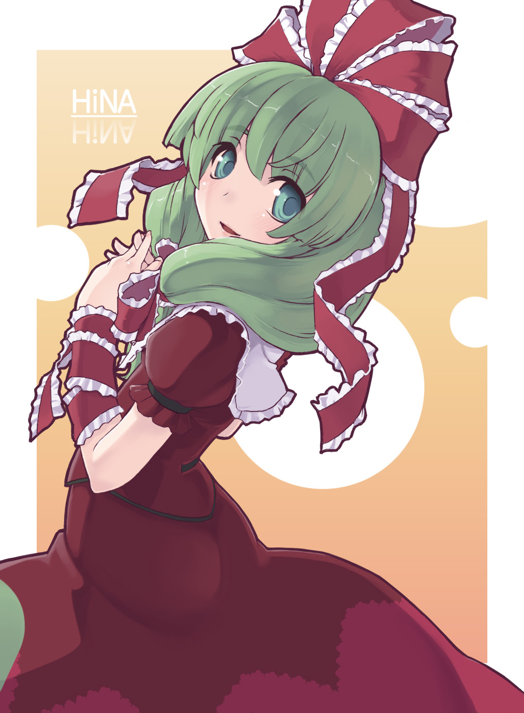 1girl, ass, back, bow, character_name, crossed_fingers, dress, frills