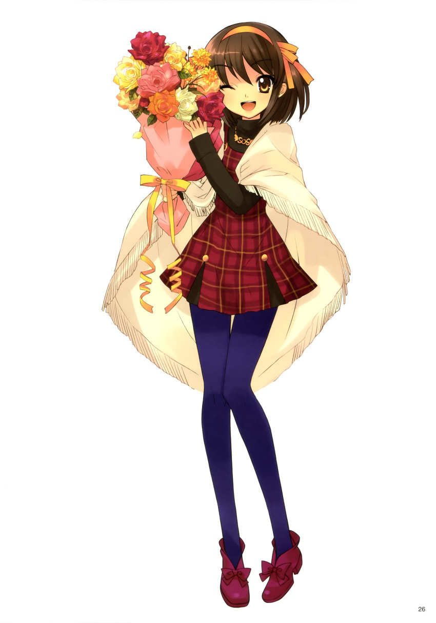 1girl, ;d, absurdres, bouquet, brown_eyes, brown_hair, dress, flower