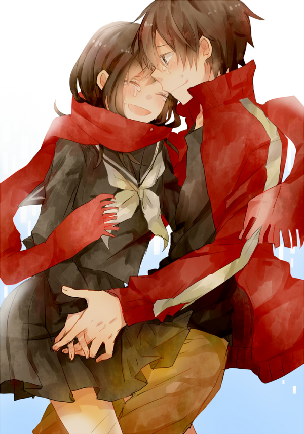 1boy, 1girl, ayano_(kagerou_project), blush, brown_hair, closed_eyes, couple, hair_ornament