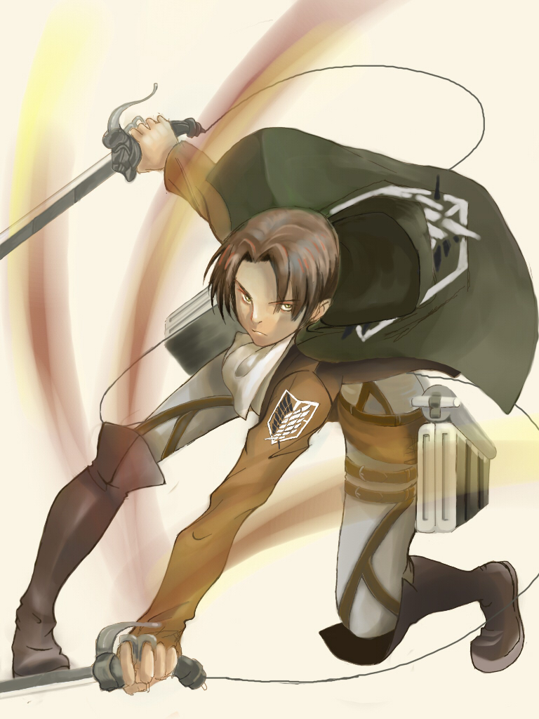 1boy, 3dmg, ascot, belt, boots, brown_hair, cape, elfegg, jacket, levi_(shingeki_no_kyojin), shingeki_no_kyojin, solo, sword, weapon, wire
