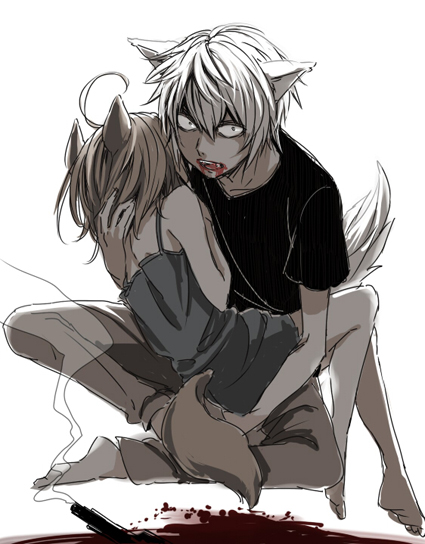 1boy, 1girl, accelerator, animal_ears, blood, blood_on_face, brown_hair, dress