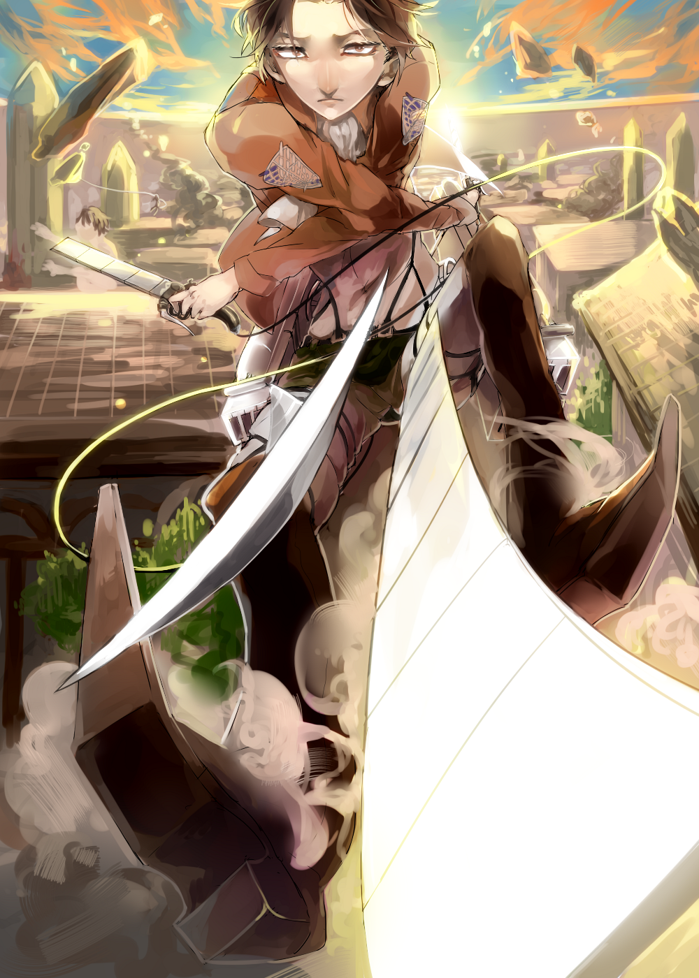 1boy, ascot, belt, black_hair, boots, brown_eyes, dual_wielding, foreshortening, highres, jacket, levi_(shingeki_no_kyojin), shingeki_no_kyojin, solo, sword, thigh_strap, tukiyononeko_ms, weapon, wire