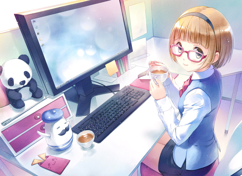 1girl, blue_eyes, brown_hair, computer, cup, drink, glasses, hairband, kurage_(kurakurapix), short_hair, sitting, smile, solo, stuffed_animal, stuffed_toy, teapot