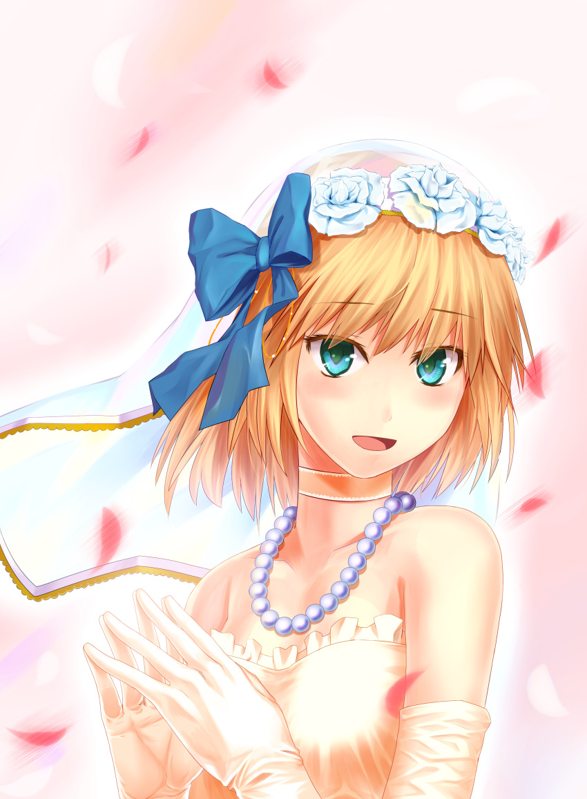 1girl, absurdres, blonde_hair, bridal_veil, dress, elbow_gloves, gloves, green_eyes