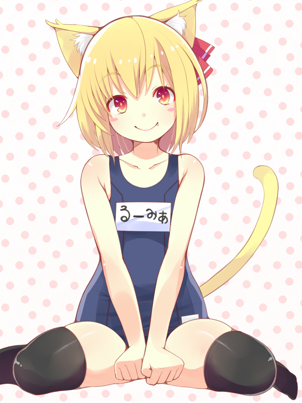 1girl, animal_ears, black_legwear, blonde_hair, cat_ears, cat_tail, fang, kemonomimi_mode