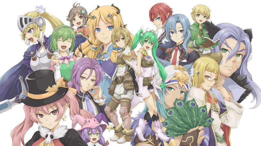 6+boys, 6+girls, armor, arthur_(rune_factory), bishnal_(rune_factory), blonde_hair, blue_eyes, blue_hair, book, brown_eyes, brown_hair, character_request, closed_eyes, diras, dolce_(rune_factory), doug_(rune_factory), earrings, everyone, forte_(rune_factory), frey_(rune_factory), glasses, green_eyes, green_hair, hat, headdress, highres, ibushigin, jewelry, kohaku_(rune_factory), leon_(rune_factory), lest_(rune_factory), long_hair, low-tied_long_hair, margaret_(rune_factory), miniskirt, multicolored_hair, multiple_boys, multiple_girls, necktie, open_mouth, pink_eyes, pink_hair, pointy_ears, ponytail, purple_hair, redhead, rune_factory, rune_factory_4, shoes, short_hair, skirt, smile, top_hat, twintails, two-tone_hair, visor_(armor), xiao_pai