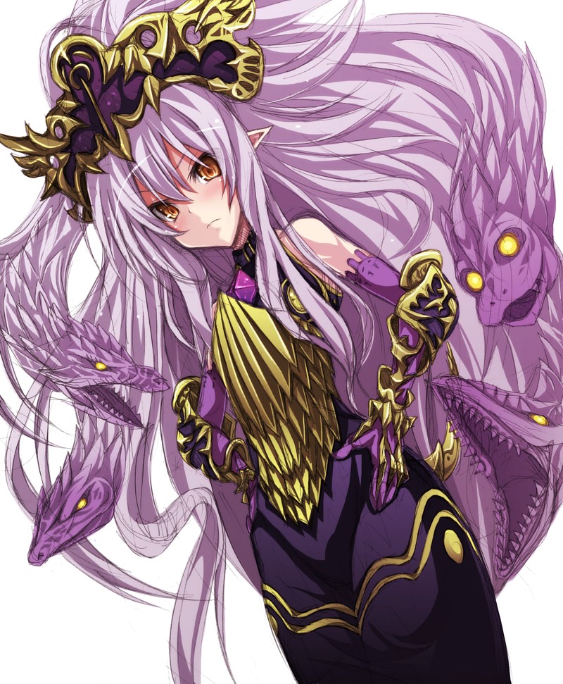 1girl, breastplate, elbow_gloves, gloves, hands_on_hips, korican, long_hair, medusa_(shingeki_no_bahamut)