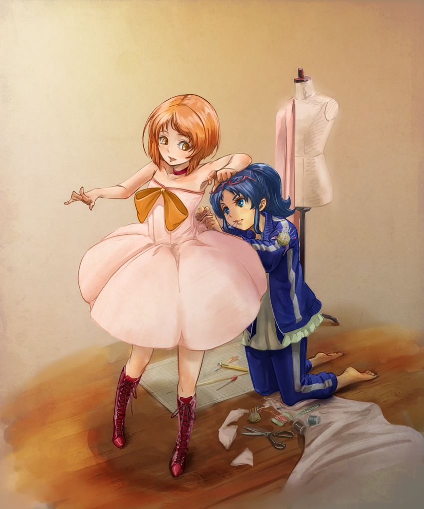 2girls, bare_shoulders, blue_eyes, blue_hair, boots, bow, brown_eyes, brown_hair