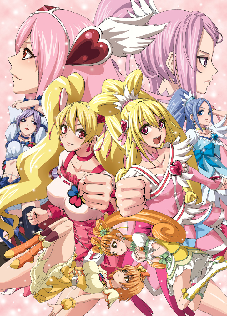 6+girls, aida_mana, aono_miki, back-to-back, blonde_hair, blue_hair, clenched_hand, cure_berry