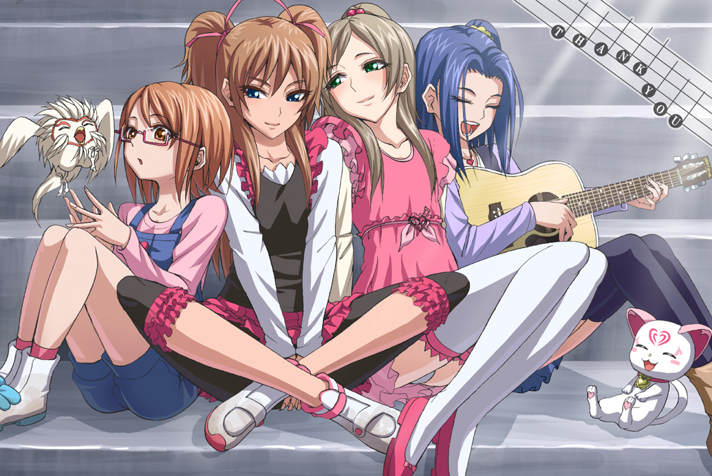 4girls, bird, blue_eyes, blue_hair, brown_hair, casual, closed_eyes, glasses