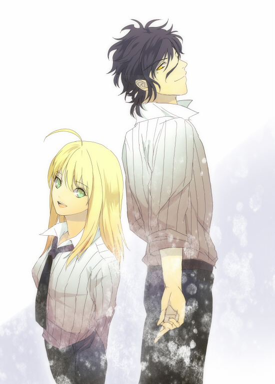 1boy, 1girl, ahoge, black_hair, blonde_hair, casual, fate/zero, fate_(series)